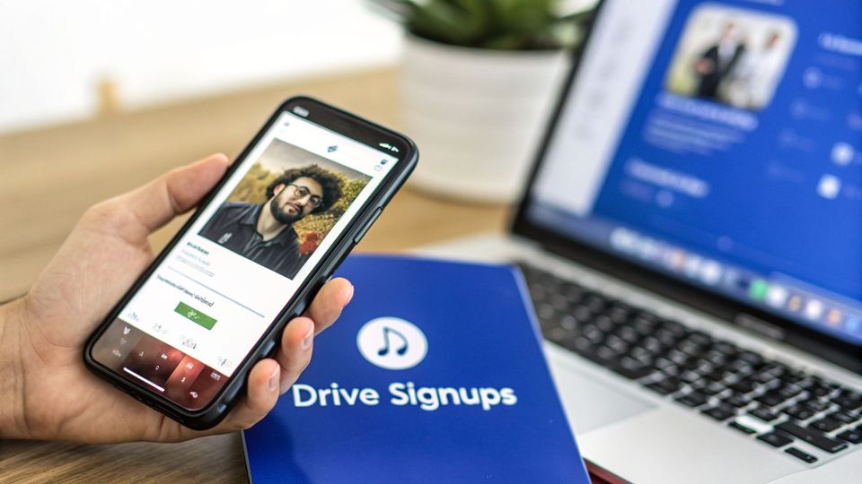 A person holds a smartphone displaying a profile of a man with a beard, beside a 'Drive Signups' book and a laptop.