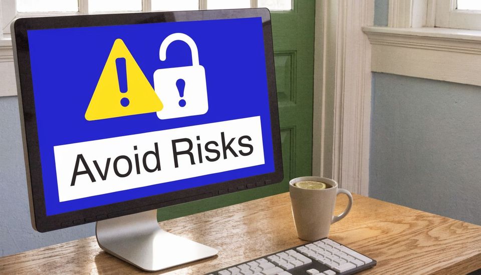 A computer monitor on a desk showing an Avoid Risks security alert icon with a lock symbol.