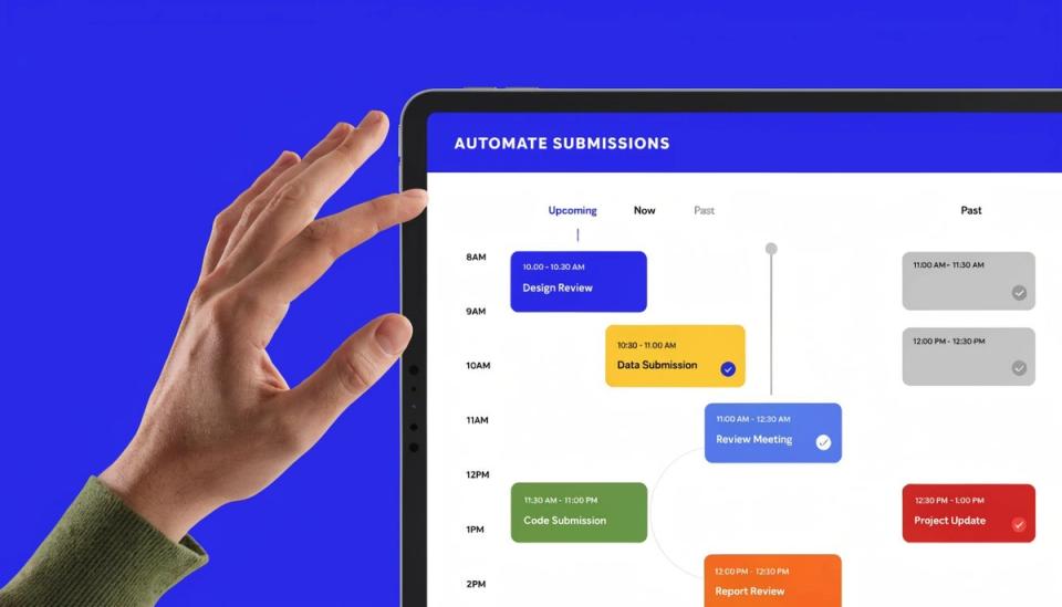 A hand reaching towards a digital tablet screen displaying a colorful task automation schedule with various meeting blocks.