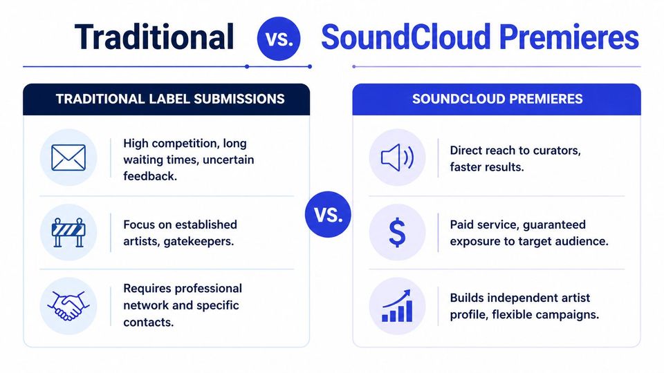 A comparison chart showing the differences between traditional record label submissions and SoundCloud Premieres music promotion services.