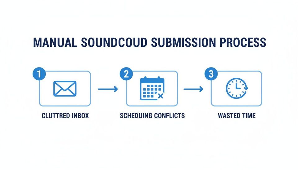 A flowchart illustrating the manual Soundcloud submission process leading to cluttered inboxes, scheduling conflicts, and wasted time.