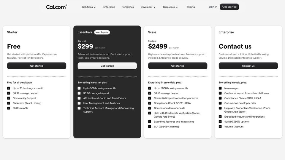 Cal.com pricing plans showing different tiers and features