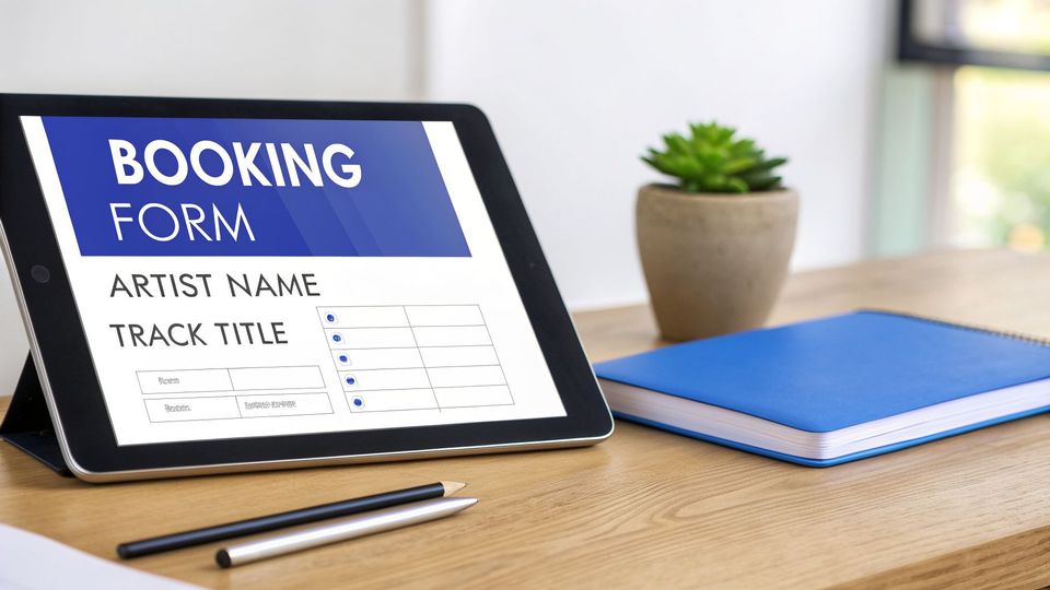 A tablet displays a digital booking form for artist and track names on a wooden desk.