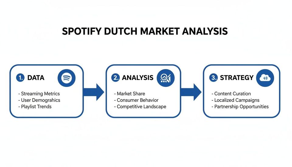 Flowchart detailing Spotify Dutch market analysis process: Data, Analysis, and Strategy steps.