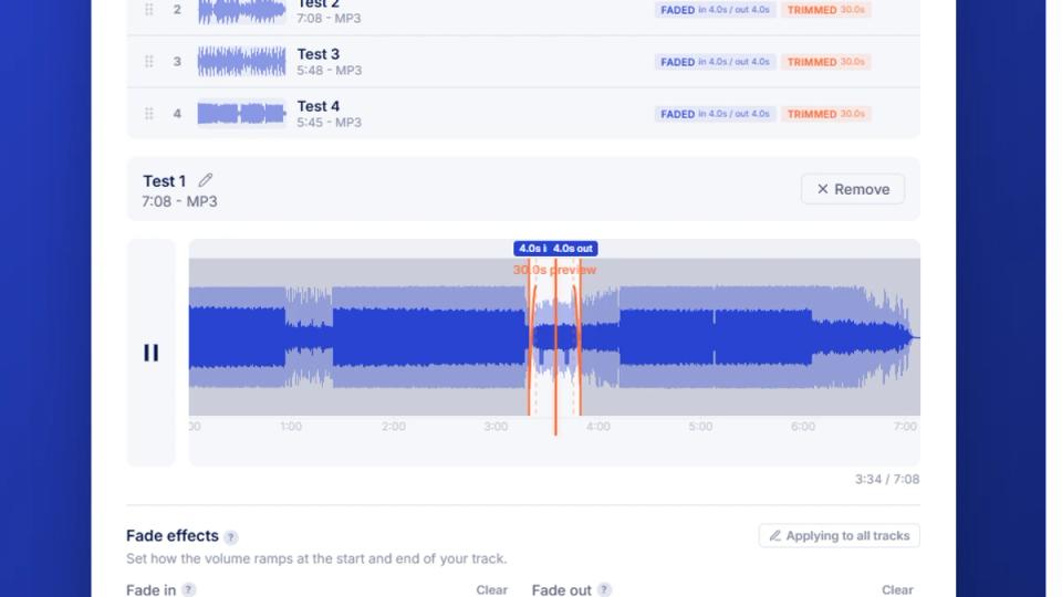 Premierely audio fade tool interface showing waveform editor with fade controls