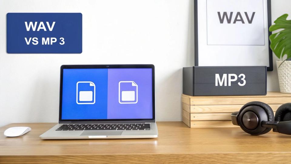 Desktop setup with a laptop displaying file icons and signs comparing WAV and MP3 audio formats.