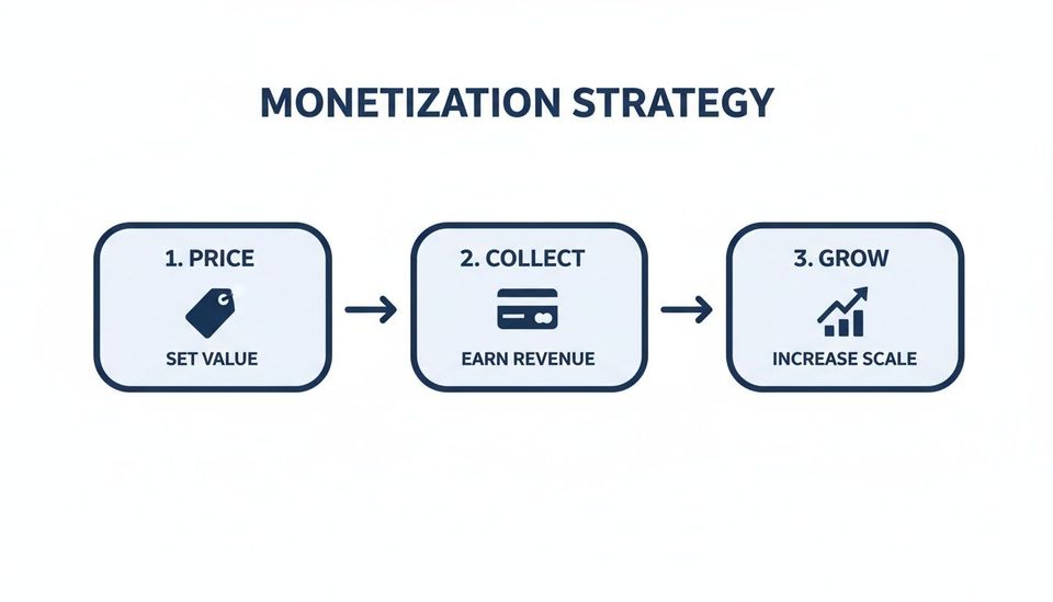 A three-step monetization strategy diagram showing Price, Collect, and Grow with corresponding icons.