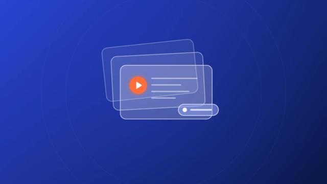 Stacked playlist cards with an orange play button on a blue gradient