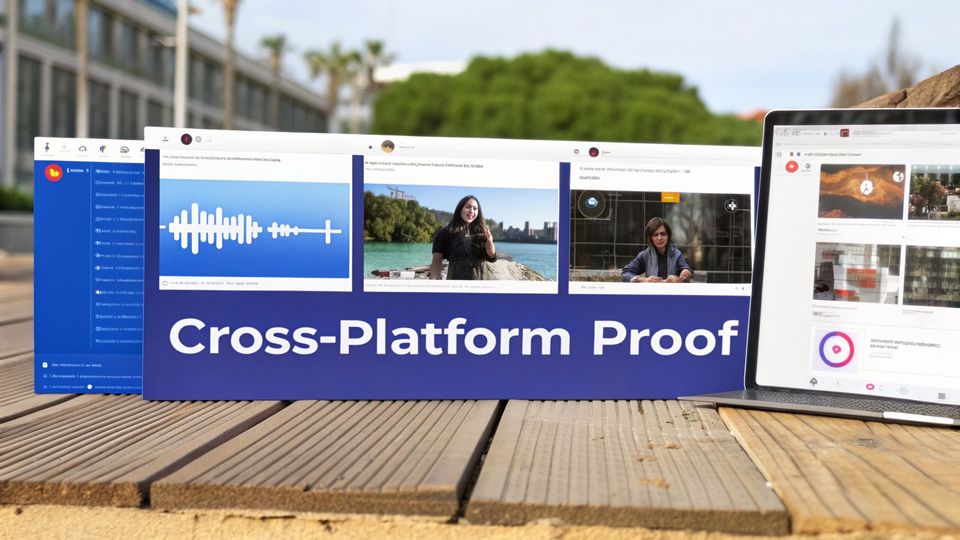 A screen displaying multiple social media interfaces and a 'Cross-Platform Proof' banner on a wooden deck.