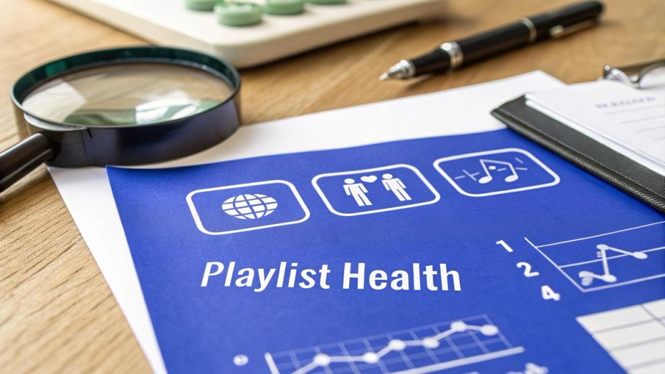 A 'Playlist Health' document on a wooden desk, showing music analysis icons and graphs, next to a magnifying glass.