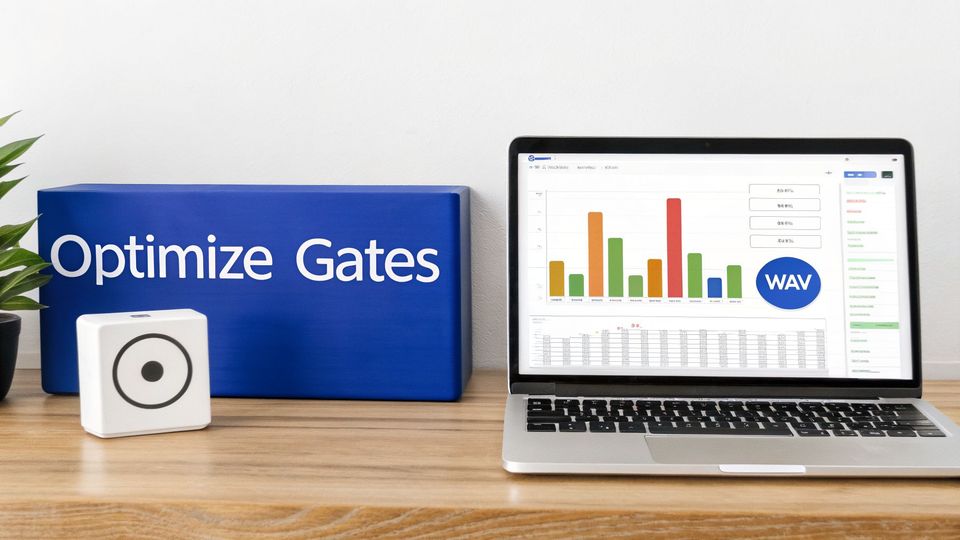 A blue box with 'Optimize Gates', a white device, and a laptop showing data and charts on a wooden desk.