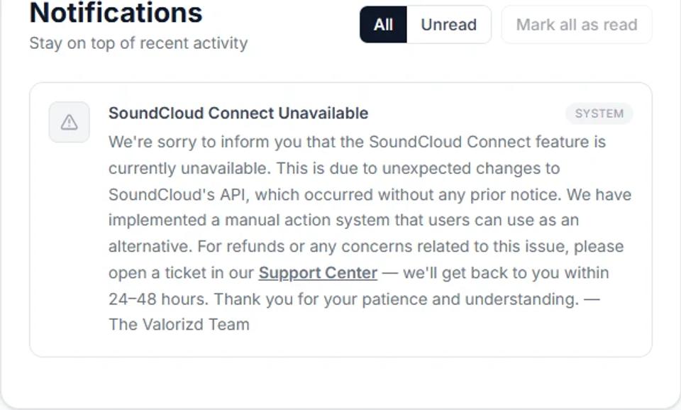 Valorizd notification reading SoundCloud Connect Unavailable due to unexpected changes to SoundCloud's API