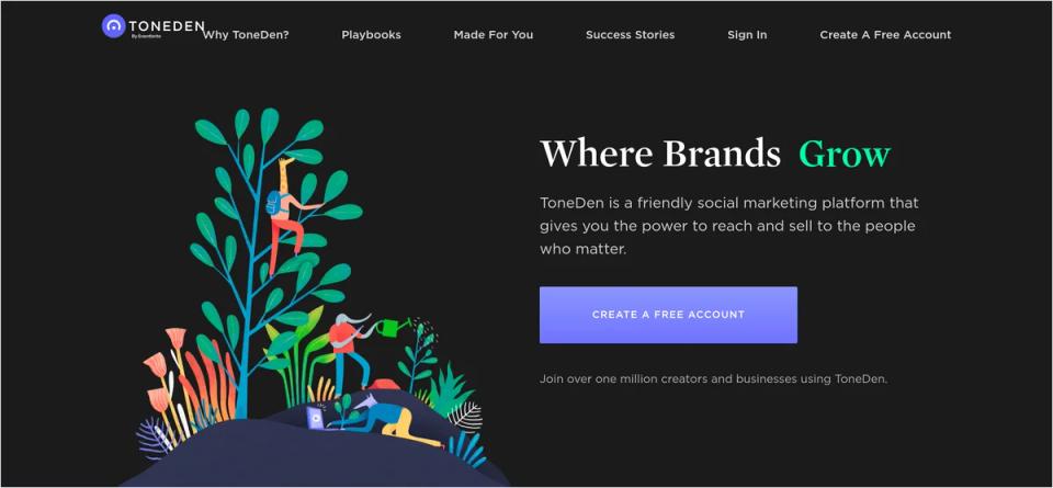 ToneDen homepage hero reading Where Brands Grow with a Create a free account button