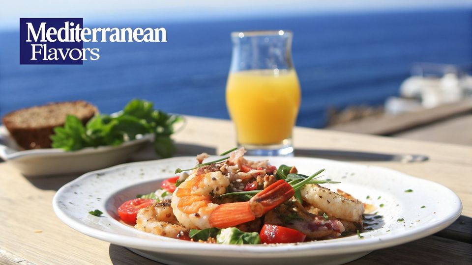 A vibrant Mediterranean shrimp salad with cherry tomatoes and greens, fresh orange juice, and bread, served outdoors by the ocean.