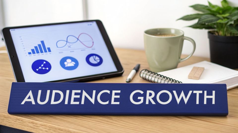 Desk setup with 'AUDIENCE GROWTH' sign, tablet displaying graphs, coffee, and a notebook.