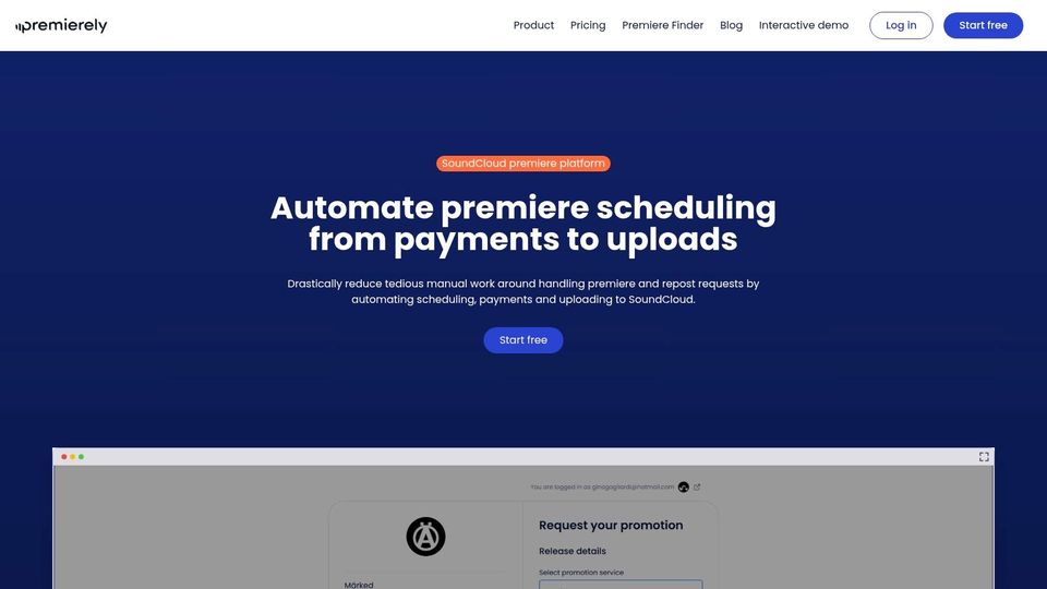 Premierely's dashboard showing a streamlined booking calendar for SoundCloud premieres and reposts.