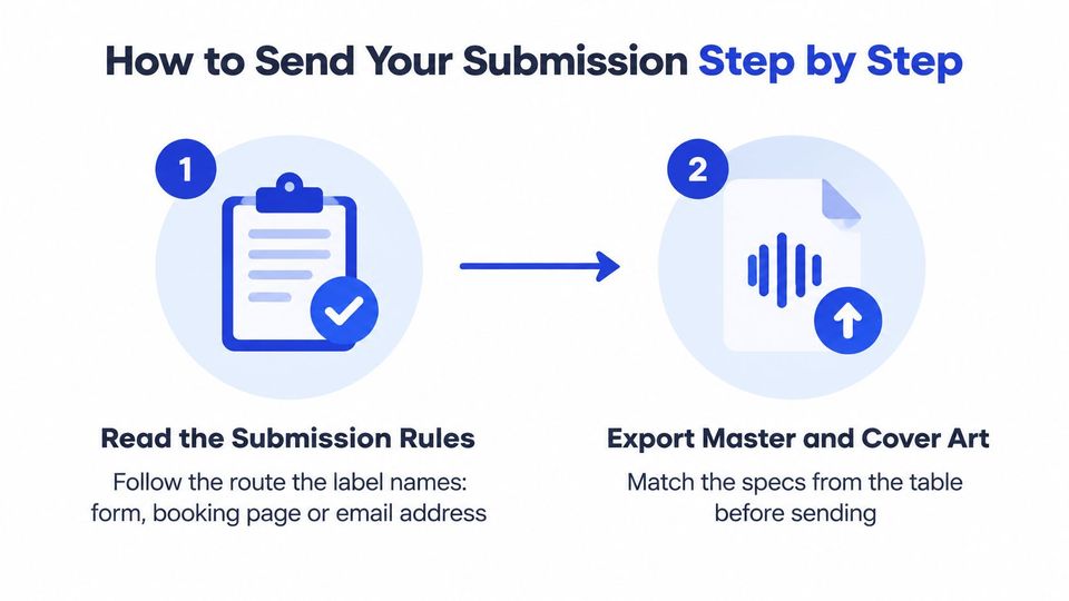 A two-step infographic illustrating how to prepare and send music submissions to record labels effectively.