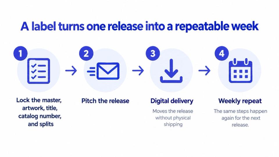 A four-step infographic illustrating the workflow process for managing music releases through a record label.