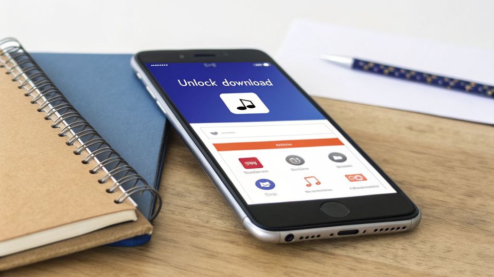 A smartphone displaying a music app with 'Unlock download' and a music note icon, on a wooden desk next to a notebook.