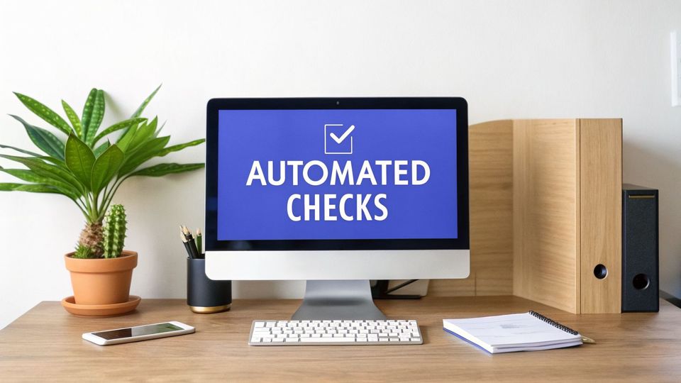 A computer screen on a desk displays "AUTOMATED CHECKS" with a checkmark, surrounded by office items.
