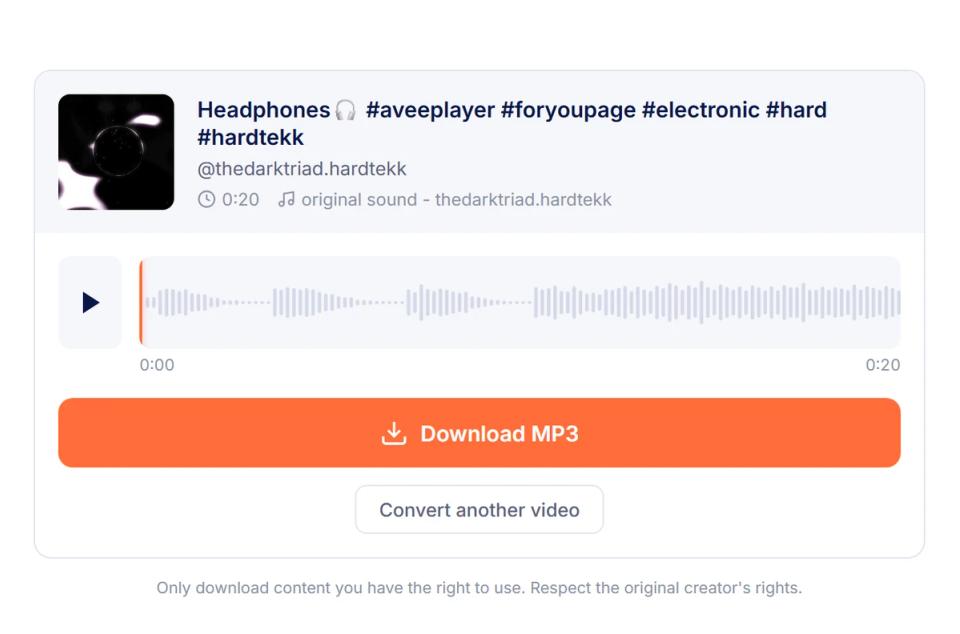 TikTok MP3 download result showing video thumbnail, waveform player, and download button
