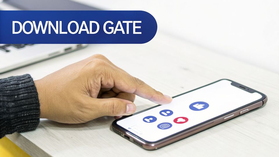 A hand interacting with a smartphone displaying various app icons, next to a 'DOWNLOAD GATE' banner.