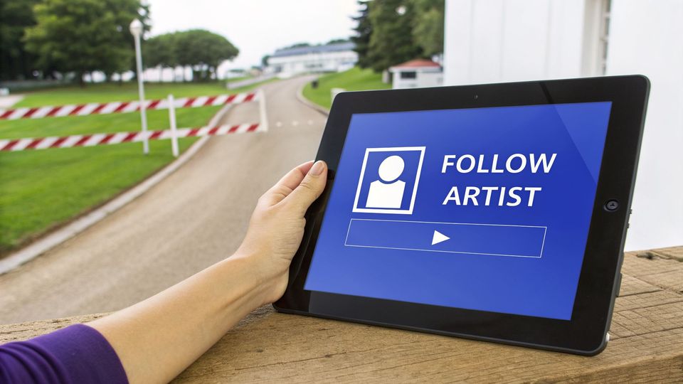 A hand holds a tablet displaying 'FOLLOW ARTIST' on its blue screen, with a road and striped barrier in the background.
