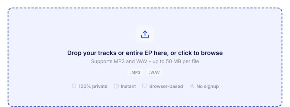 Upload area of the MP3 tag editor showing drag-and-drop zone with MP3 and WAV format badges