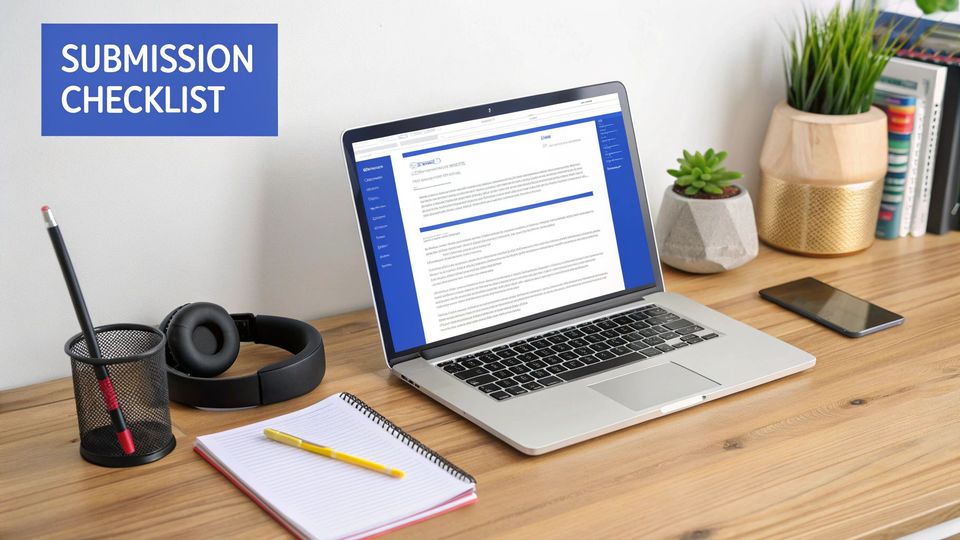 Workstation with a laptop displaying a submission checklist document, along with a notebook, and plants.