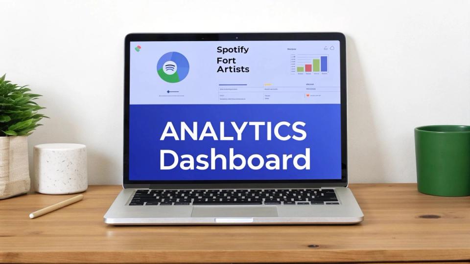A laptop displaying a Spotify Fort Artists Analytics Dashboard on a wooden desk with a plant and cup.