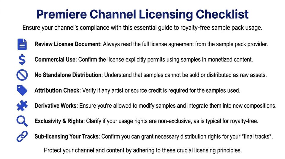 A licensing checklist graphic providing guidelines for using royalty-free sample packs in professional music and content creation.