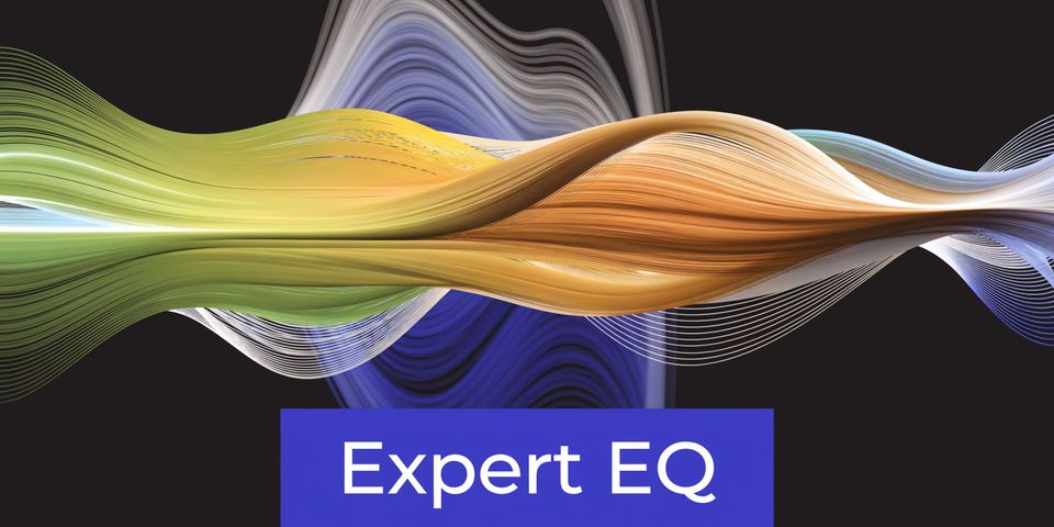 Abstract digital graphic showing swirling colorful sound waves with the text Expert EQ displayed below.