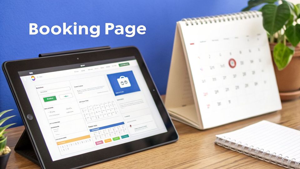 A tablet displays a booking page interface next to a desk calendar and a notebook.