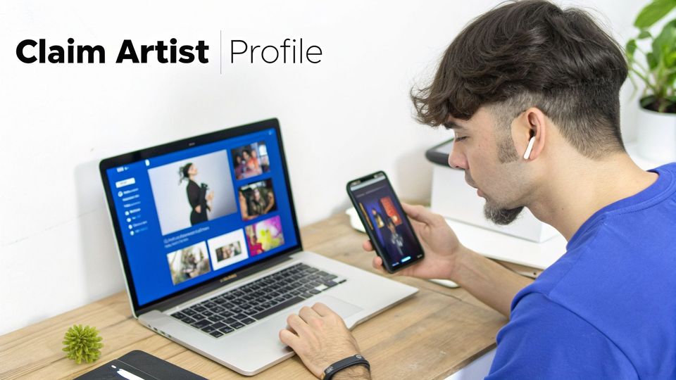 A young man manages an artist profile on a laptop and smartphone, featuring the text 'Claim Artist | Profile'.