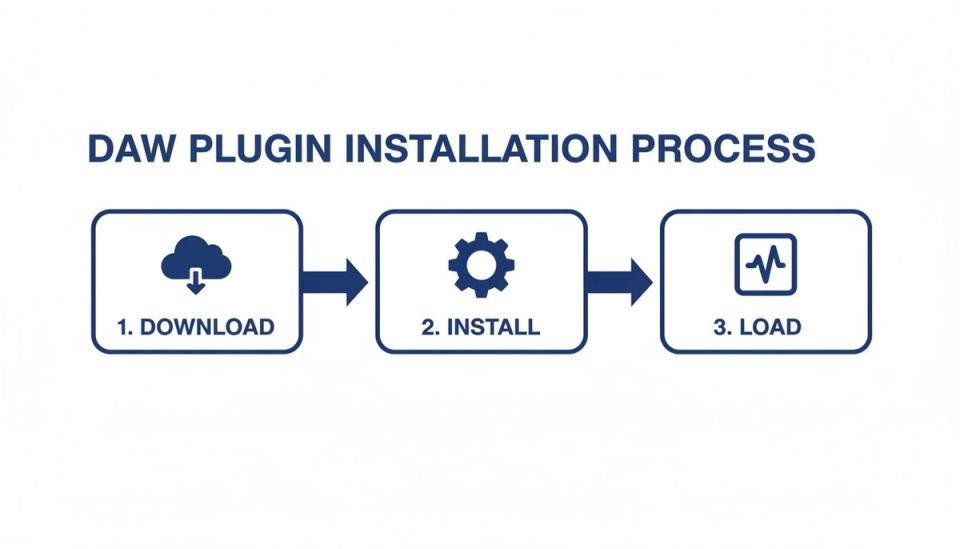 Flowchart illustrating the DAW plugin installation process with steps: download, install, and load.