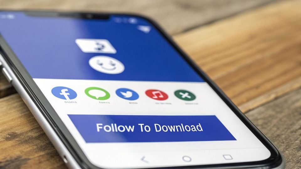 A smartphone screen displaying social media icons and a prominent 'Follow To Download' button.