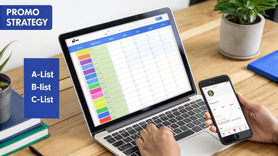 A person managing a promo strategy on a laptop and phone, organizing A-List, B-List, C-List.