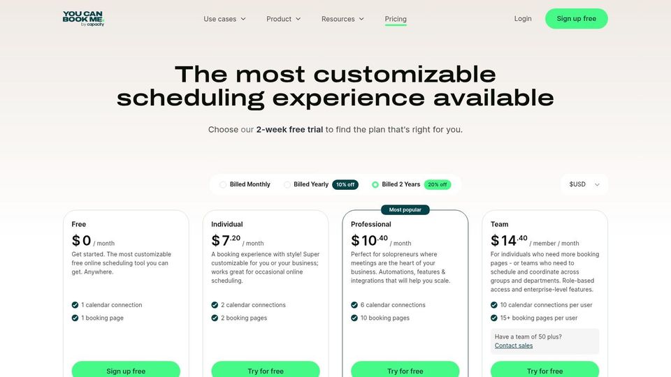 YouCanBook.me pricing page showing different plans and features