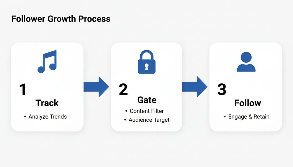 Diagram illustrating the follower growth process with three steps: Track, Gate, and Follow, showing key actions for each.