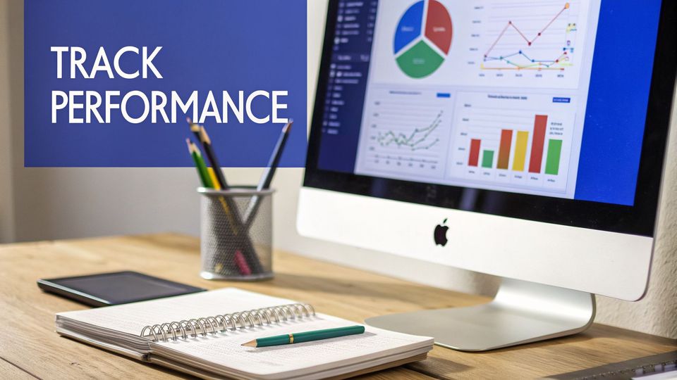 Desktop with an iMac displaying performance charts and graphs, next to a notebook and pencils, with 'Track Performance' overlay.