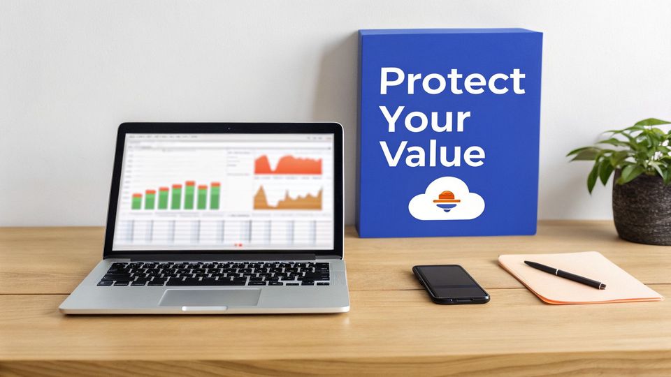 A modern desk workspace featuring a laptop with charts, a 'Protect Your Value' box, and a smartphone.