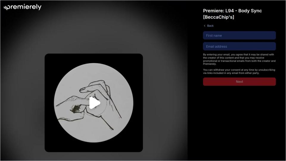 A live Premierely download gate asking for a first name and email next to the track artwork