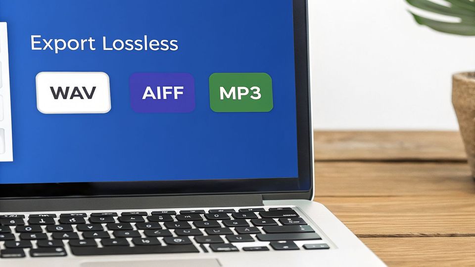 A laptop screen featuring 'Export Lossless' and buttons for WAV, AIFF, and MP3 audio files.