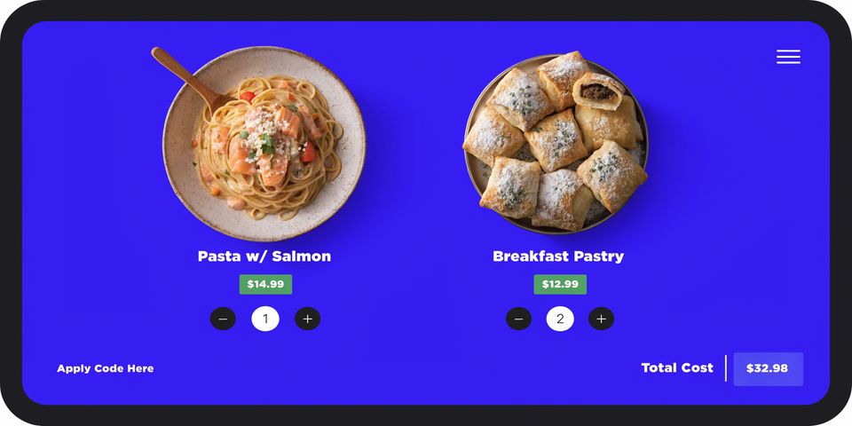 A digital menu interface showing items like Pasta with Salmon and Breakfast Pastry with an order total.