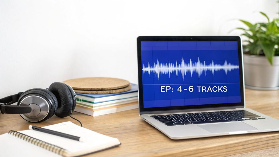 A laptop screen showing an audio waveform and the text 'EP: 4-6 TRACKS', with headphones and a notebook on a wooden desk.