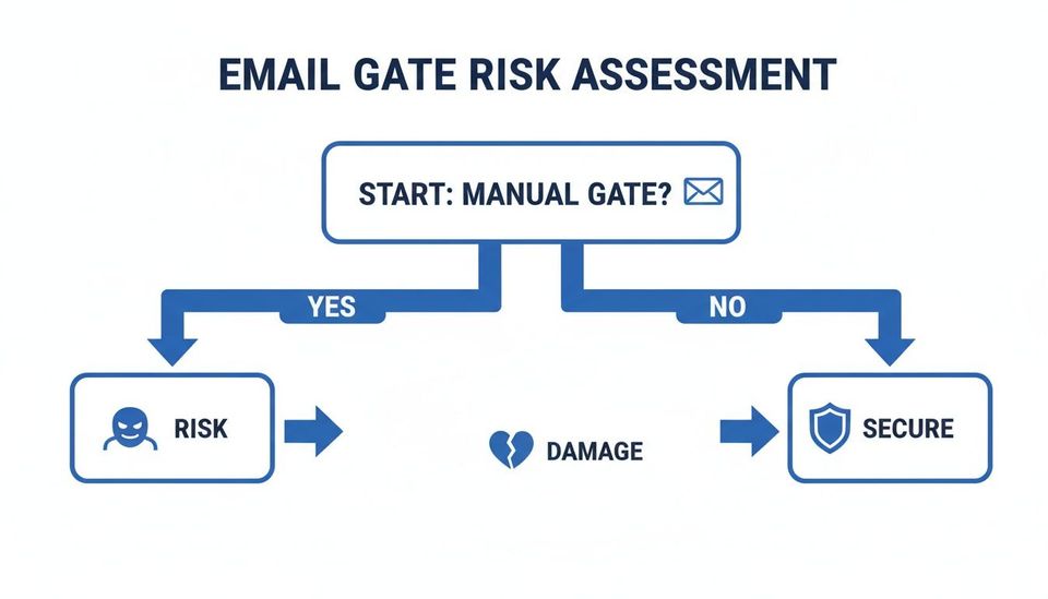 Flowchart illustrating an email gate risk assessment, showing manual gate decisions leading to risk or security.