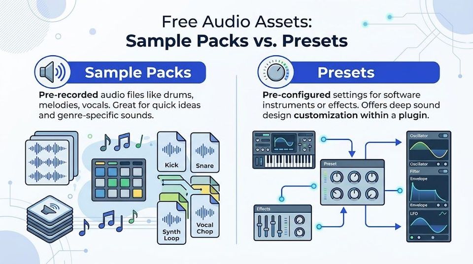 An infographic explaining the differences between audio sample packs and plugin presets for music production.