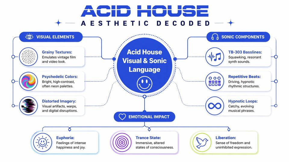 A diagram infographic explaining the visual and sonic elements of the Acid House music aesthetic and culture.