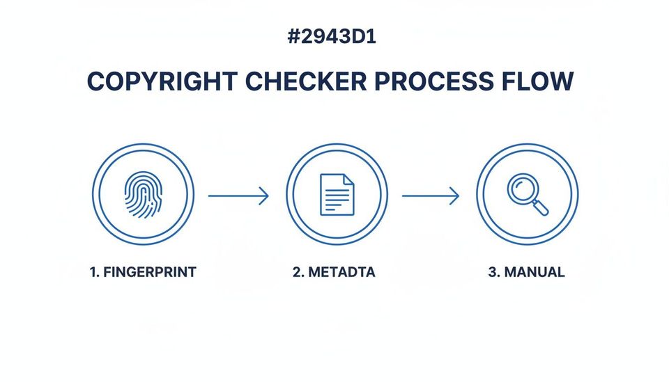 A diagram illustrating the three-step copyright checker process flow: Fingerprint, Metadata, and Manual review.
