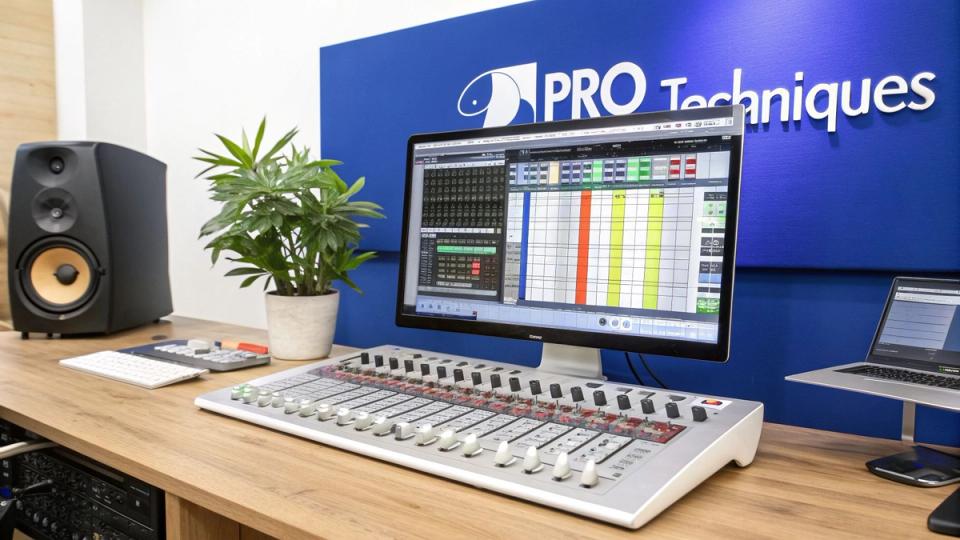 A modern audio production studio featuring a mixing console, monitor, speaker, and laptop.